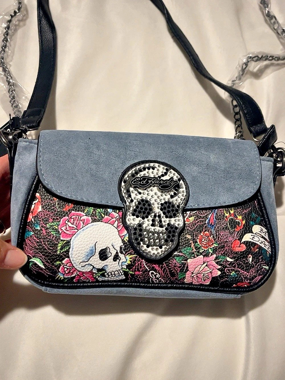Ed Hardy Skull and Roses Rhinestone Shoulder Bag Blue & Black New w/tags